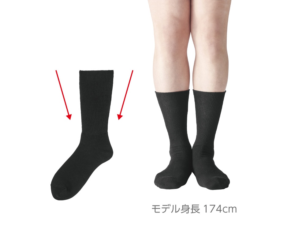 履き口から足首まで、締め付けずに足にフィットするテーパード編み