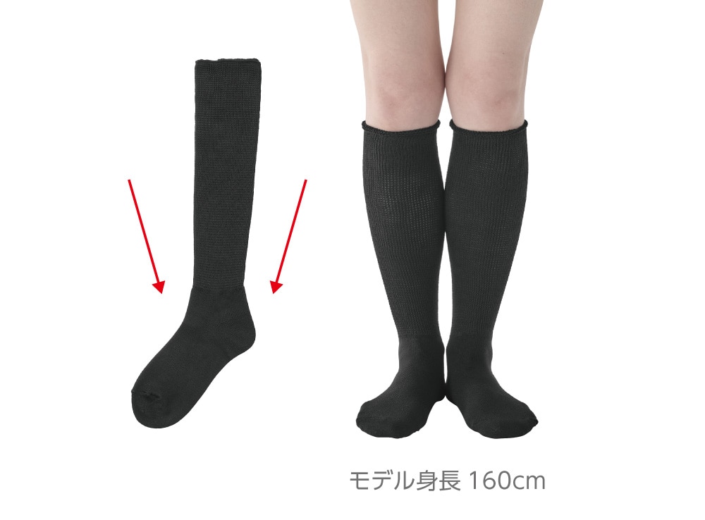 履き口から足首まで、締め付けずに足にフィットするテーパード編み