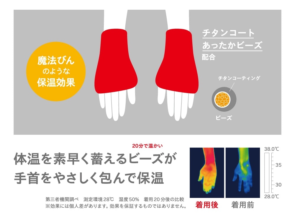 チタンコートあったかビーズ配合で、魔法びんのような保温効果