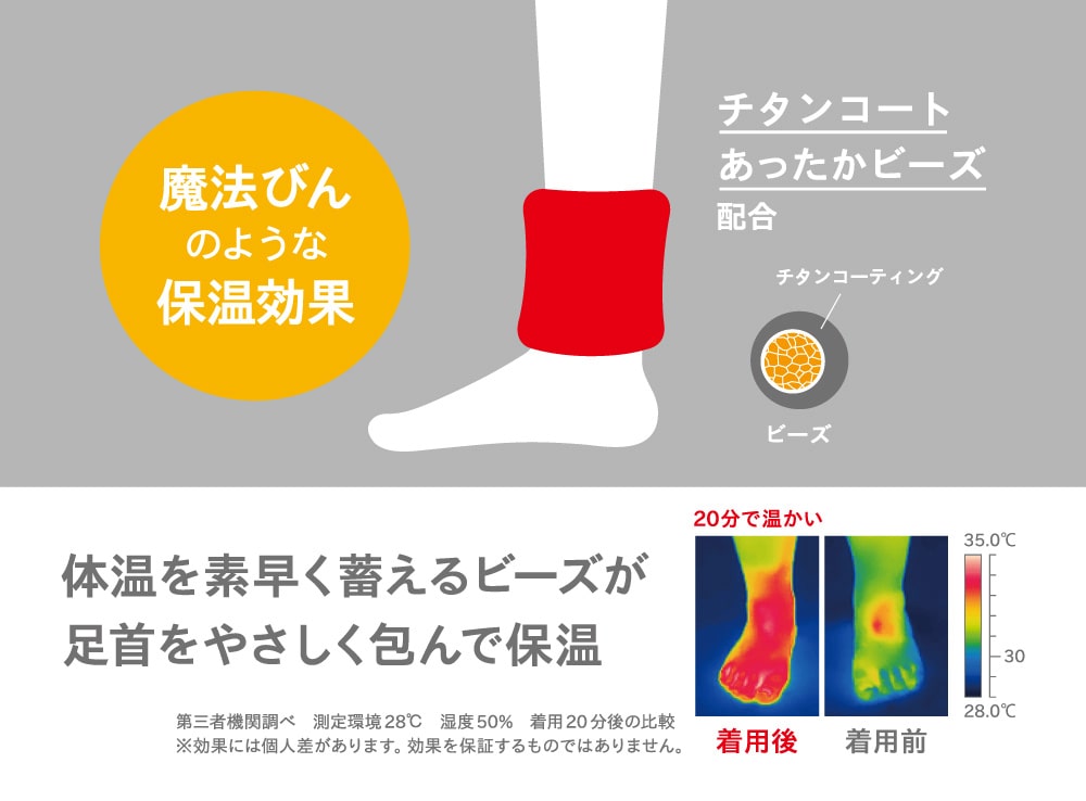 チタンコートあったかビーズ配合で、魔法びんのような保温効果