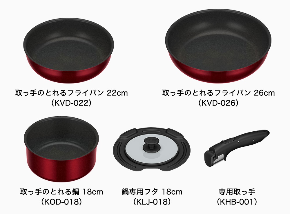 セット内容　人気の深型フライパン22cmと26cm、煮込み料理に便利な18cm鍋、鍋専用フタ、取っ手の5点