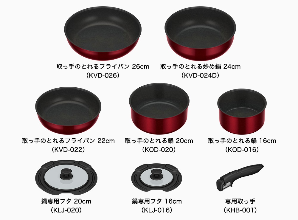 セット内容　人気の深型フライパン22cmと26cm、煮込み料理にも便利な超深型の24cm炒め鍋、16cmと20cm鍋、鍋専用フタ2種、取っ手の8点