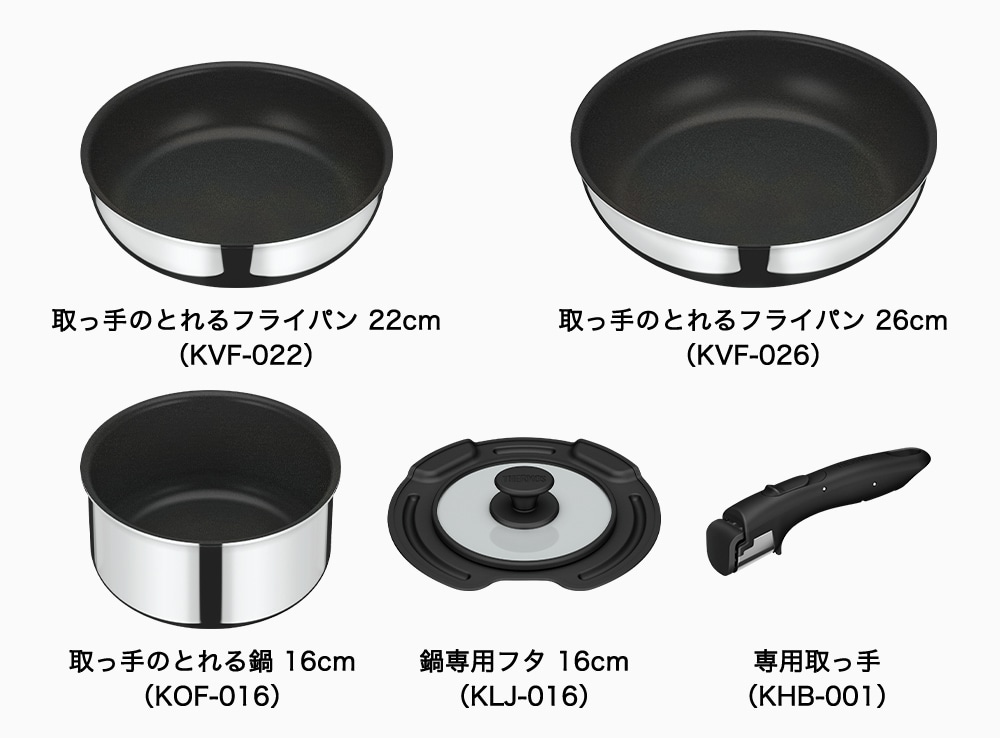 セット内容 人気の深型フライパン22cmと26cm、煮込み料理に便利な16cm鍋、鍋専用フタ、取っ手の5点
