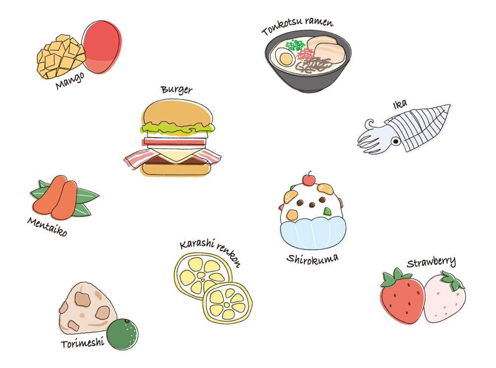九州の食べ物といえば！なモチーフをデザインしました。